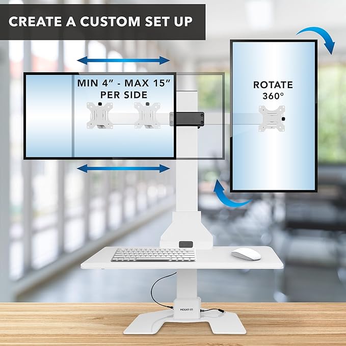 Mount-It! Electric Standing Desk Converter, Motorized Sit Stand Desk Riser with Dual Monitor Mounts, Adjustable Height Ergonomic Workstation with 28??Wide Platform and Tablet/Phone Slot, White