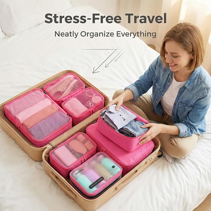 6 Set Compression Packing Cubes for 7–14 Day Travel, Rose Red | Nylon Oxford Fabric, Full Breathable Mesh, Reinforced Double-Zipper, Small to Large Size Bag, Expandable Packing System