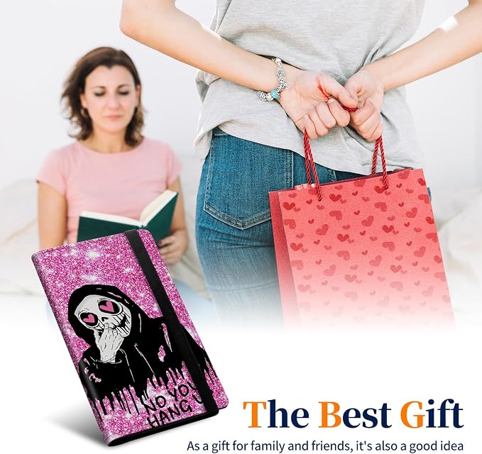 Premium PU Leather Checkbook Cover for Men & Women,RFID Blocking Slim Check Book Holder with Duplicate Check Divider & Pen Holder,Fits Standard Personal Checks,Skull Face Pink