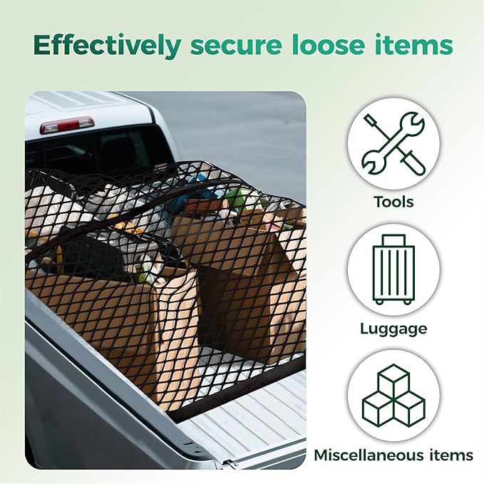Stretchable Cargo Net(4'x4' Stretches to 7'x7') - Adjustable Elastic Trunk & Truck Bed Storage Organizer with Hook, Ideal for Securing Daily Light Loads