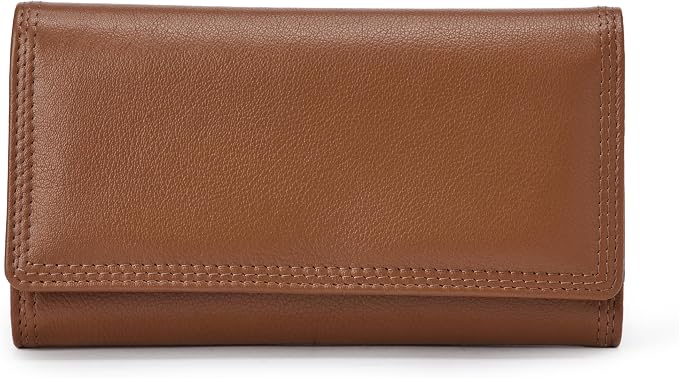 Amazon Essentials Women's Long Flap Continental Leather Wallet with Snap Closure, Tan, One Size