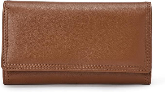 Amazon Essentials Women's Long Flap Continental Leather Wallet with Snap Closure, Tan, One Size