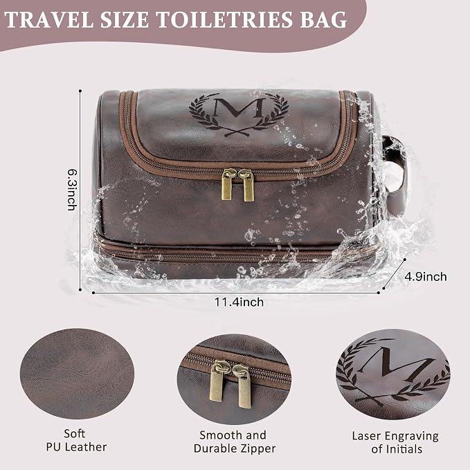Personalized Gifts Travel Toiletry Bag for Men, Engraved Initial PU Leather Waterproof Shaving Bag, Groomsmen Present Christmas Birthday Gifts for Men Dad Husband Son Boyfriend, Dark Brown Z