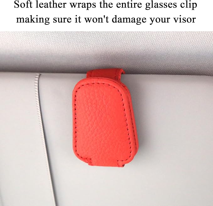 KIWEN Sunglasses Holders for Car Visor, Magnetic Leather Glasses Eyeglass Clip for Car, Ticket Card Clip Sunglasses Mount, Car Visor Accessories Gadgets (1, Red)