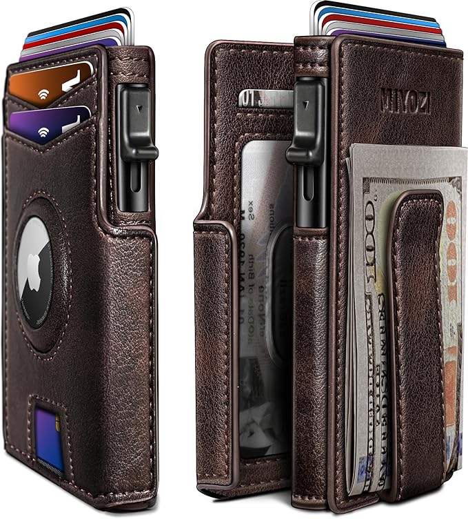 miyozi Airtag Wallet for Men,with Money Clip 10 Cards Metal Case Smart Slim Pop Up Credit Card Holder Flip with Magnetic Closure RFID Blocking wallet with Gift Box