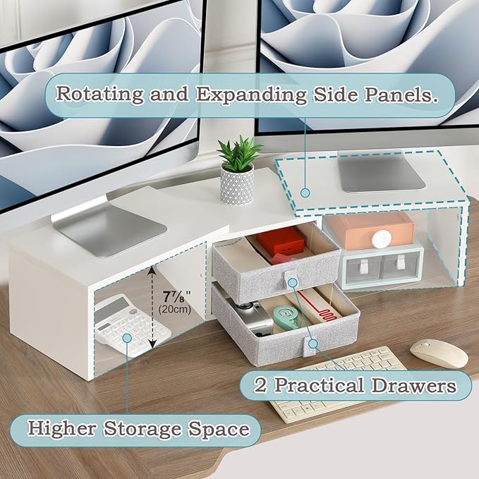 TEAMIX Dual Monitor Stand Riser with 2 Drawers - Length and Angle Adjustable White Monitor Stand with Storage Large Computer Riser for 2 Monitors/Laptop/PC, Wood Screen/TV Stand Desk Organizer