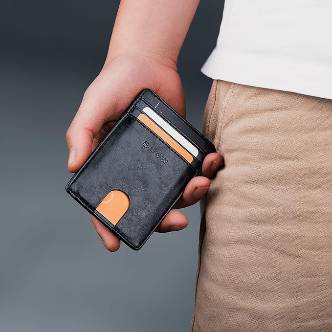 Buffway Mens Slim Wallet, Minimalist Thin Front Pocket Leather Credit Card Holder with RFID Blocking for Work Travel | Minimalist, Thin, Front Pocket, Credit Card Holder, RFID Blocking, for Work Travel