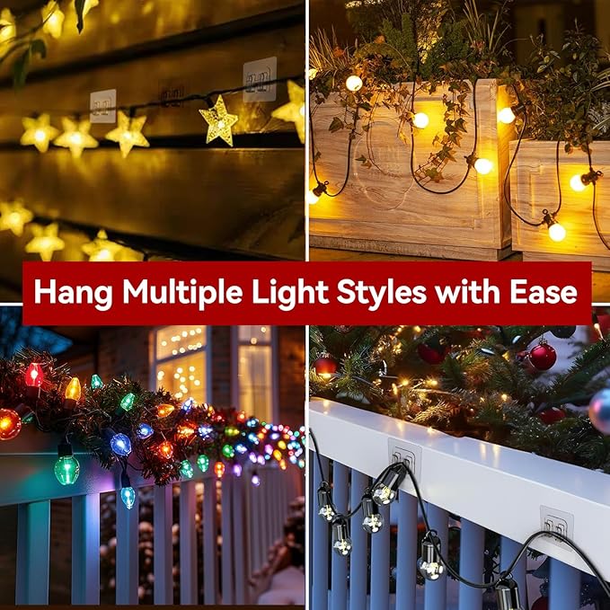 Hooks for Outdoor String Lights, 50 Pack Heavy Duty Cable Clips, Damage Free Cord Clips, Waterproof and UV-Resistant, Clear Self-Adhesive Hooks for Hanging Christmas Lights Outdoor and Patio Decor