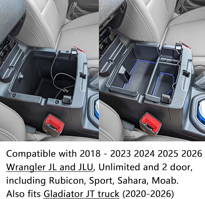 EDBETOS Center Console Organizer Tray Compatible with Jeep Wrangler JL/JLU 2018-2023 2024 2025 2026 and Gladiator JT Truck 2020-2026 Insert Accessories - Won't Covers the light inside (Blue Trim)