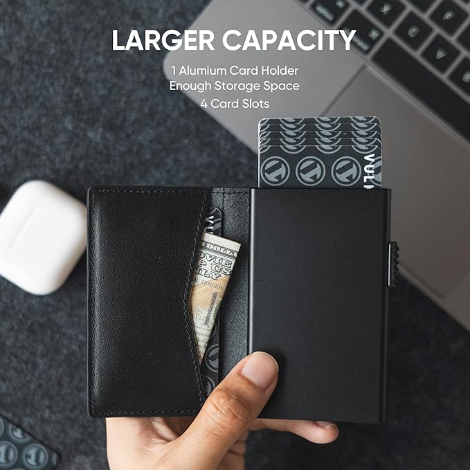 VULKIT Men's Slim Wallets Pop Up Card Holder RFID Blocking Metal Wallet Minimalist Design Holds Up to 11 Cards