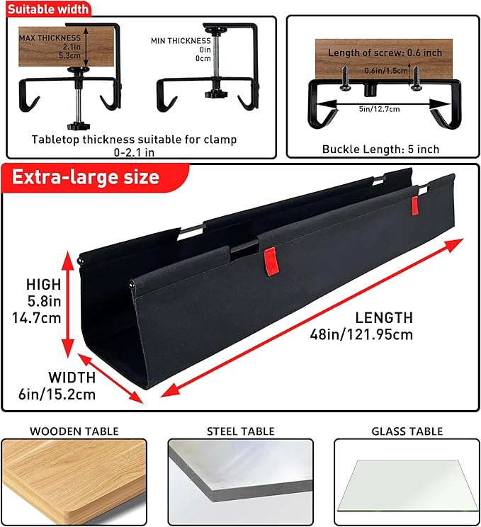 [Upgraded] Under Desk Cable Management, 48" Cord Organizer, with Silicone Pads (No Scratch!), 16 Cable Ties, Washable PE Honeycomb Base,Fits Any Desk 0-2.1", No Stinky Cardboard!Black 48"L x 6"W