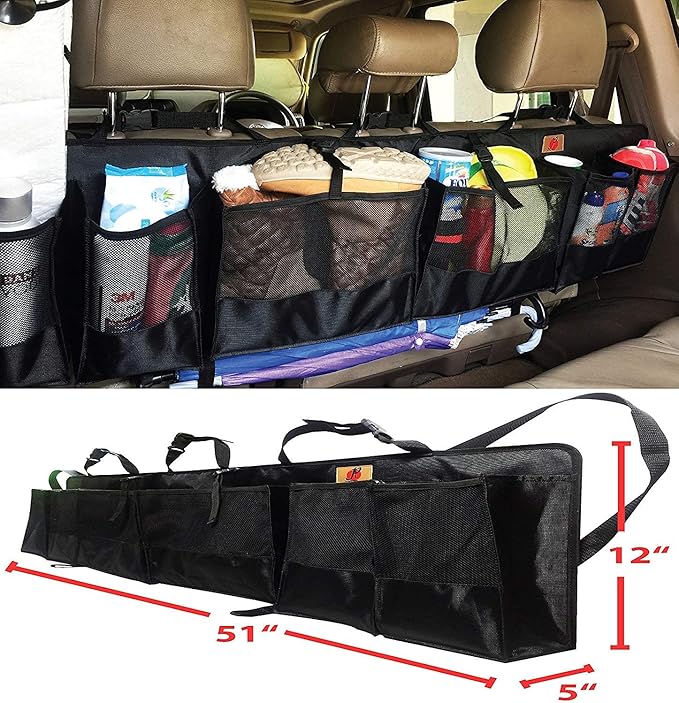 Pf SUVs Rear Trunk Organizer with Umbrella Holder Hanging, X Large - Extra Rigid and Visible, Collapsible Cargo Net, Backseat Storage for Mid-size Crossovers to Mid-size SUVs, Van (51-Inches)