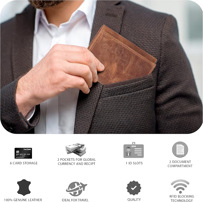 Tri fold Leather Wallet for Men with RFID | Slim Wallets for Men with 1 ID and 6 Credit card slots | Front Pocket Minimalist
