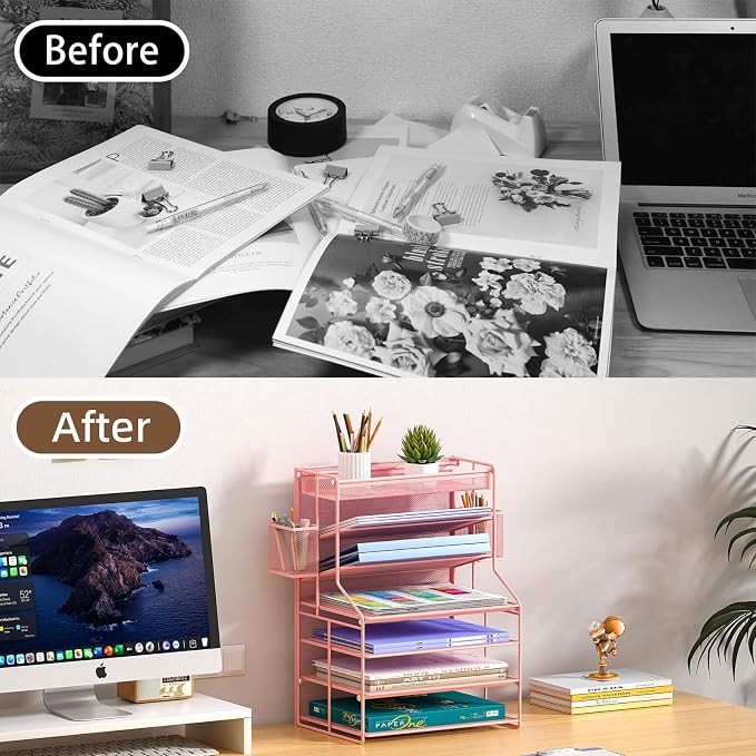 Pink 7 Tier Desk File Organizer, Metal Letter Tray Paper Organizer with Pull-Out Drawer, Removable Pen Holder & Hanging Basket, Vertical Desktop File Holder for Home Office, Classroom