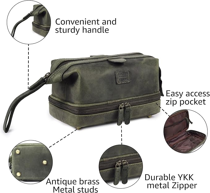 LEATHER VILLAGE Genuine Leather Dopp Kit – Large Travel Toiletry Bag with Waterproof Lining, Dual-Zip Design for Men & Women, Organizer for Shaving, Makeup & Essentials - Olive