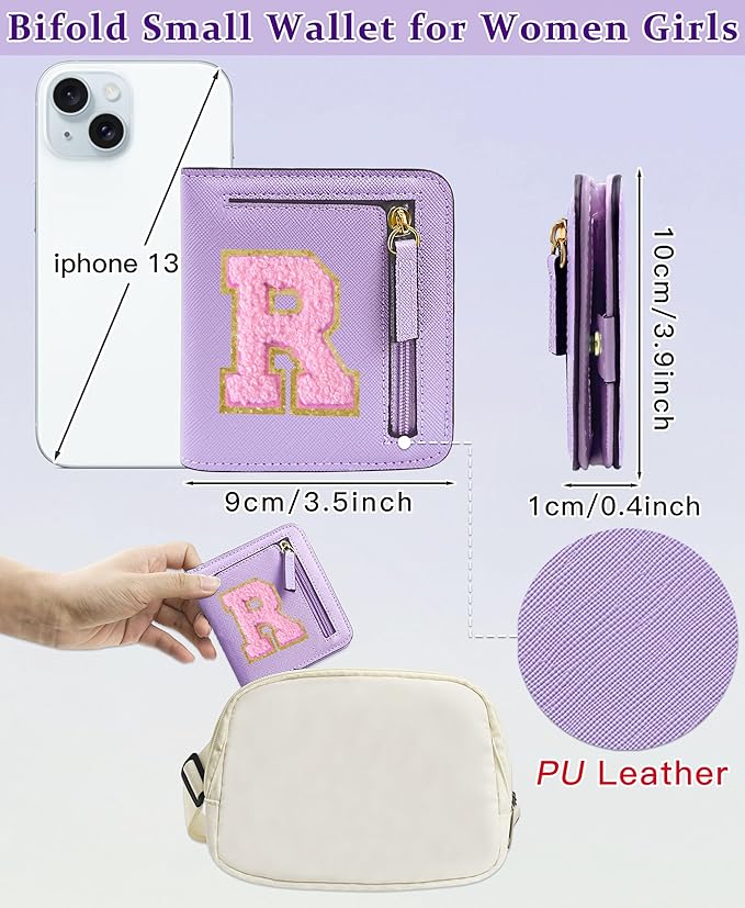 COSHAYSOO Preppy Wallet Gifts for Teen Girls Women Small Wallet RFID Bifold PU Leather Christmas Valentines Easter Mothers Fathers Day Nurse Appreciation Graduation Gifts Chenille Letter R Purple