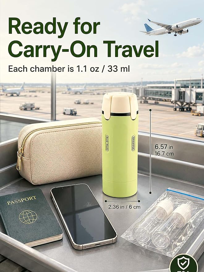 4 in 1 Travel Dispenser Bottle, TSA Approved Leak Proof Refillable Toiletry Containers for Shampoo, Conditioner, Lotion & Skincare – Easy Clean Travel Bottles for Gym, Business
