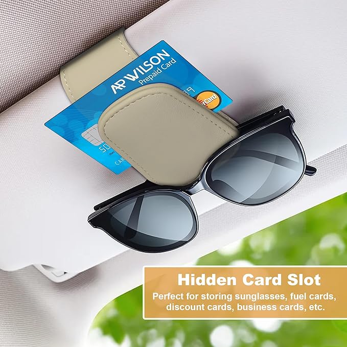 Sunglass Holder for Car, Magnetic Leather Car Sunglass Holder, Visor Sunglasses Holder Clip, Sunglasses Clip for Car Visor, Sunglass Holder for Ticket Card and Different Size Eyeglasses(1 Pack, Beige)