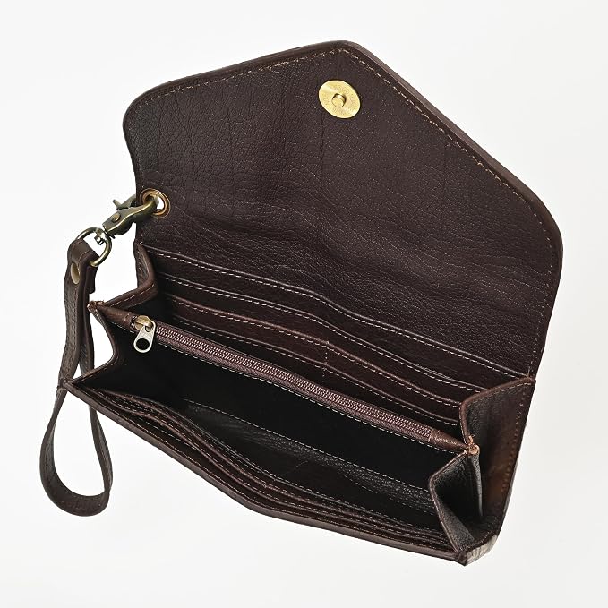 Merbaa Suede Leather Wallet for Women, Genuine Leather Wristlet Clutch with Magnetic Closure, Slim Organizer with Card Slots, Zip Coin Pocket & Compartments, Brown