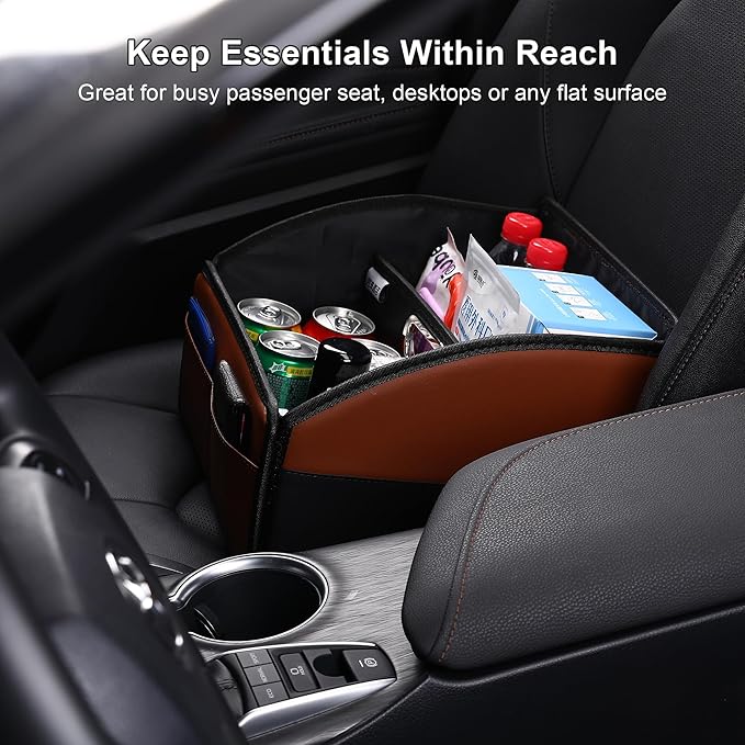 [2025 UPDATED] Leather Car Seat Organizer, Foldable Storage Box for Front Seat, Back Seats & Floor – Removable Divider, Metal Handle, Adjustable Anti-Slip Strap for Kids & Adults (Black & Brown)