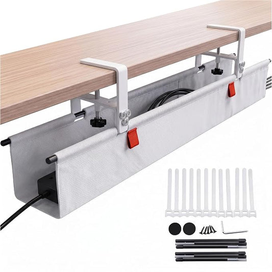 Under Desk Cable Management Tray 36" — No Drill Clamp-On Cord Organizer for Desk with Built-in Ties, Heavy Duty Metal Clamp, Foldable 600D Oxford Fabric for Home Office, WFH & Gaming PC Setup (White)