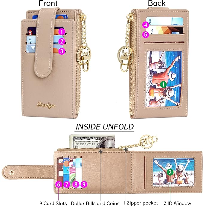 Badiya Slim Women Wallet RFID Blocking Bifold Compact 9 Card Slots Holder Wallets Soft Leather with Zipper Coin Pocket 2 ID Window