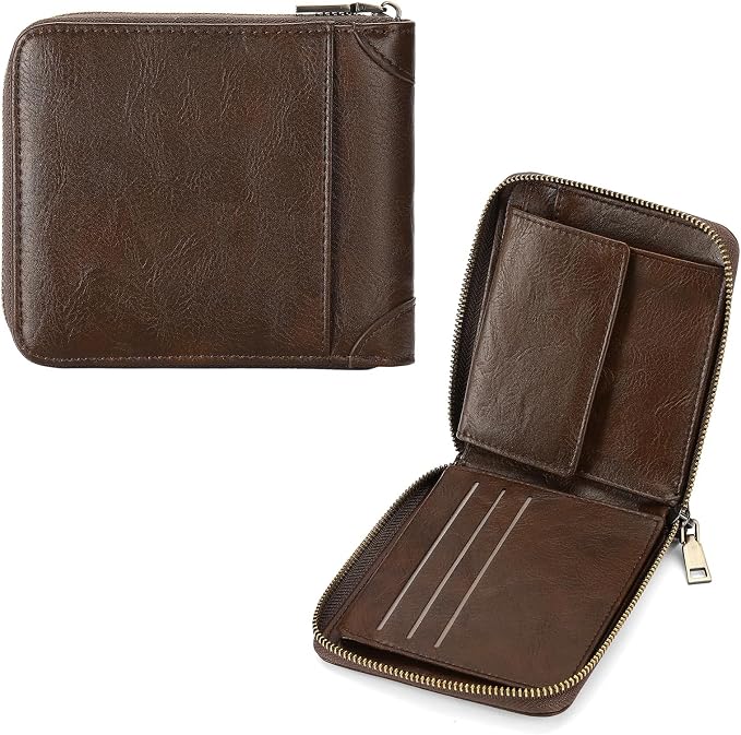 GAEKEAO Zipper Wallet for Men Vegan Leather RFID Blocking Large Capacity Bifold Wallets with ID Window Change Pocket