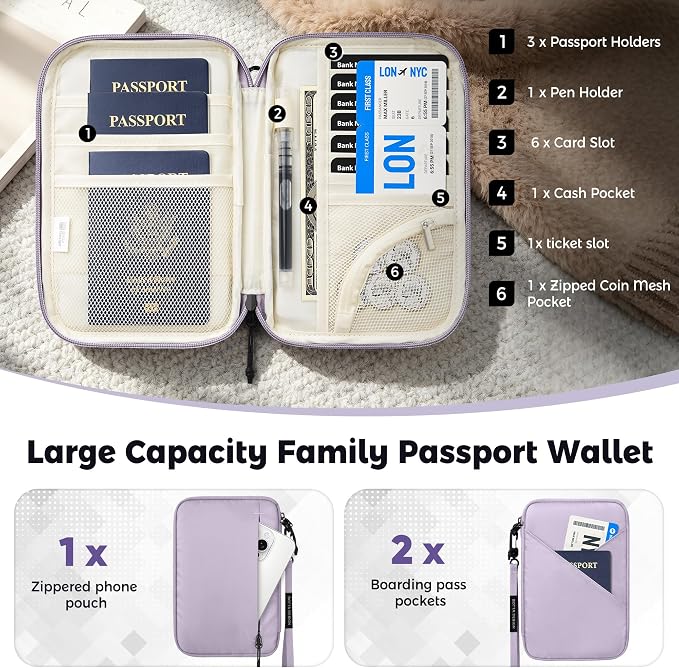 Veki Passport Holder for Travel Women Family, Passport Wallet Bag, RFID Travel Document Organizer, Waterproof Passport Holder for Men, Portable Case for Cards, Cash, Tickets, ID (Purple, L)