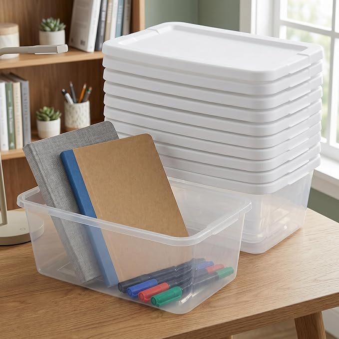 10Pack Storage Bins with Lids, 6 QT Clear Plastic Box with Snap On Lids, Heavy Duty Stackable and Nestable Containers, BPAFree Durable See Through Organizing Solution for Home, Office, Closet