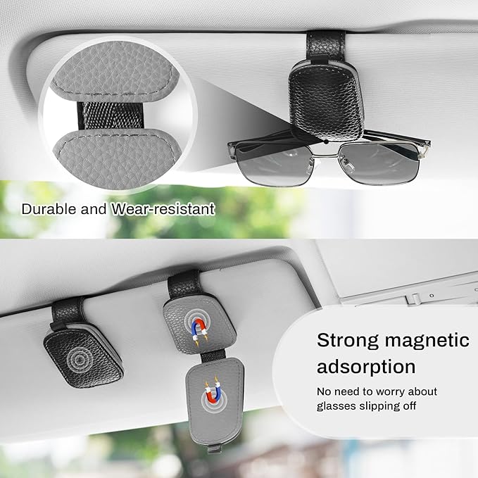 SINGARO Sunglasses Holder for Car, Leather Magnetic Buckle Sun Visor Sunglass Clip, Ticket Card Storage Glasses Clip, Car Interior Accessories for Men and Women（2PCS Black-Gray）