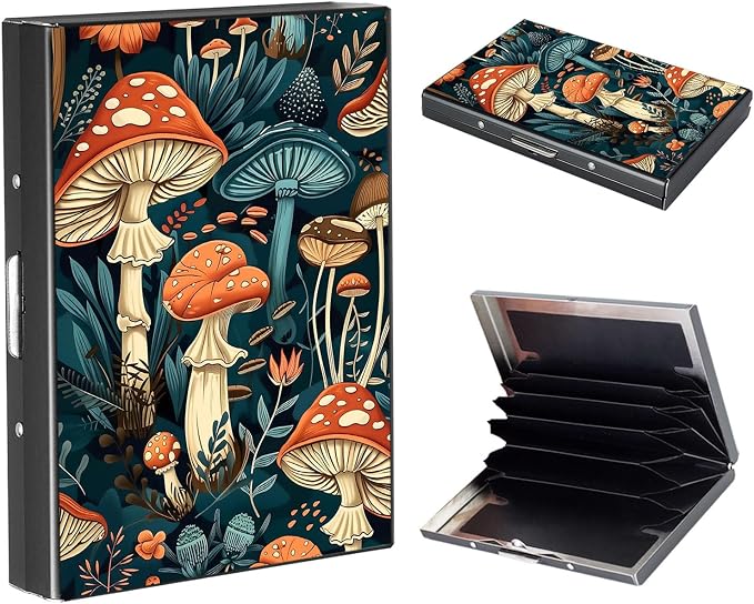 RFID Metal Wallet Credit Cards Holder Slim Mini Business Card Holder Metal ID Case Gift for Men Women,Mushroom Garden