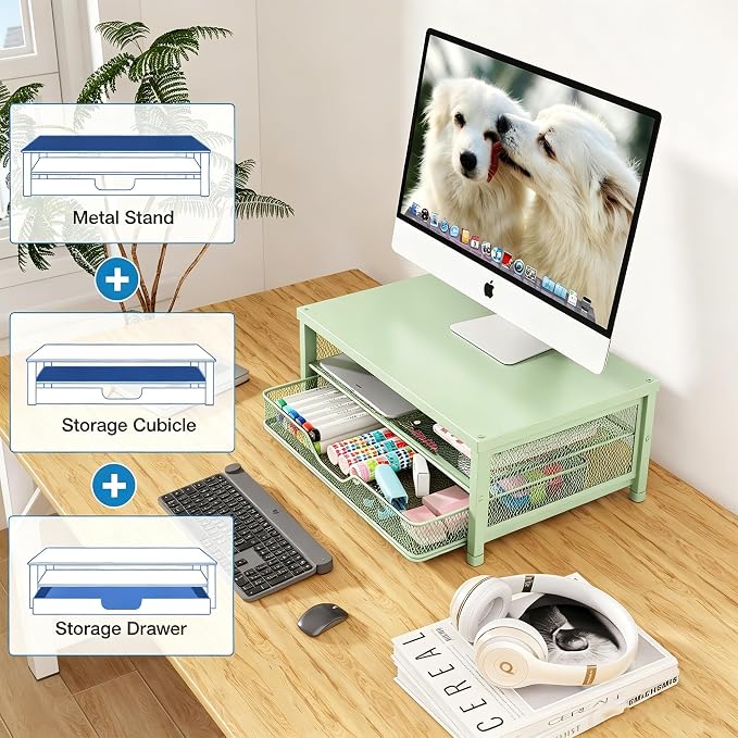 OPNICE Computer Monitor Stand Riser, Desk Organizer with Drawer, Printer & Laptop Stand, Office Desk Accessories & Workspace Desktop Organizers Storage for Office Supplies(Green)