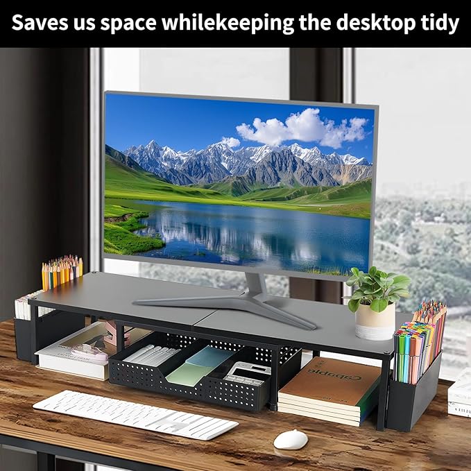 OPNICE Desk Organizers and Accessories, Dual Monitor Stand Riser with Drawer and 2 Pen Holders, Desk Shelf Wood Computer Racks for Office Workspace Organizers, Desktop Organization (Black Wood)