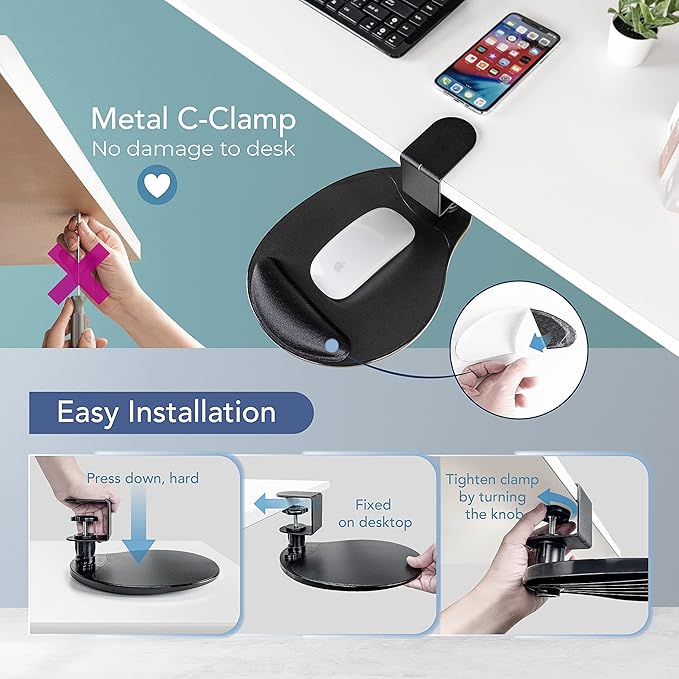 EHO Clamp-On Mouse Platform with Gel Wrist Rest, 360° Rotating Under Desk Mouse Tray with Slide-in Storage, Ergonomic Space-Saving Armrest for Left or Right-Hand Use, TAA-Compliant