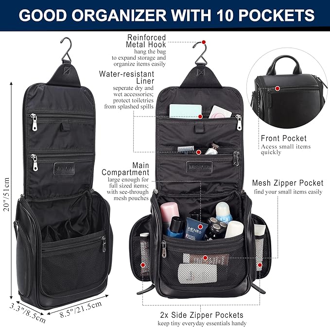 Masa Kawa Leather Hanging Travel Toiletry Bag for Men Portable Expandable Camping Cosmetics Makeup Toiletries Organizer Waterproof Bathroom Shaving Kit Black Wash Bags