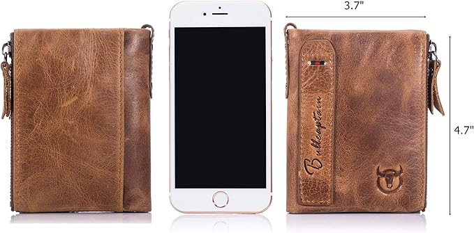 BULLCAPTAIN Genuine Leather Wallet for Men Vintage Bifold with Double Zipper Pockets (Brown)