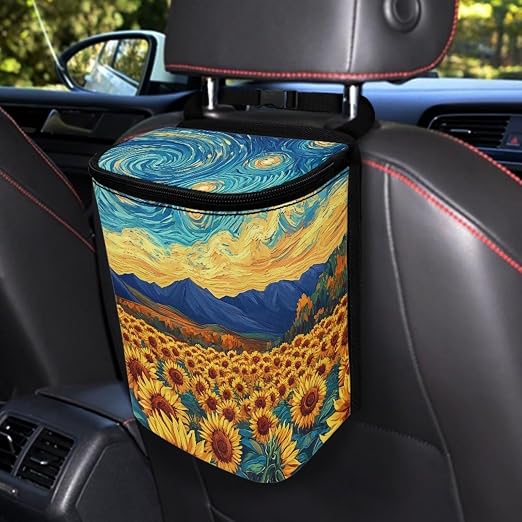 Sunflowers Pattern Car Trash Can with Lid Car Trash Bag Bin Hanging Waterproof Garbage Cans Leak Proof Vehicle Trash Can Multipurpose Storage Container for Back Seat Road