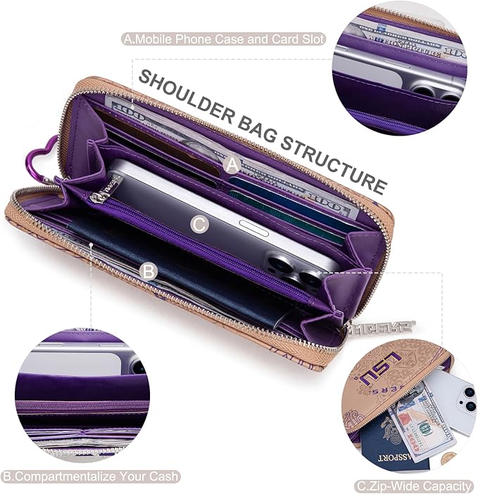 LSU Women Wristlet Purse with RFID Blocking Card Slot, LSU Clutch Zipper Wallet for Gift, Game Day, Concert Essentials | Khaki, NC-LSU011KH