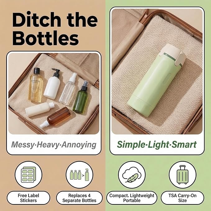 4 in 1 Travel Dispenser Bottle Leak Proof Refillable Travel Bottles Pump Shampoo Conditioner Lotion Cosmetic Containers Portable Set 4 Pack 30ml Air Travel Business Trip Essentials (Green)