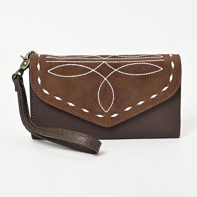 Merbaa Suede Leather Wallet for Women, Genuine Leather Wristlet Clutch with Magnetic Closure, Slim Organizer with Card Slots, Zip Coin Pocket & Compartments, Brown