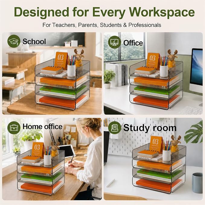 FANXIYQ 4-Tier Acrylic Paper Tray Organizer, Clear & Brown Stackable Desk File Organizer for Documents, Mail, Homework & Notebooks, Decorative Letter Tray for Home Office, Classroom & Study Desk