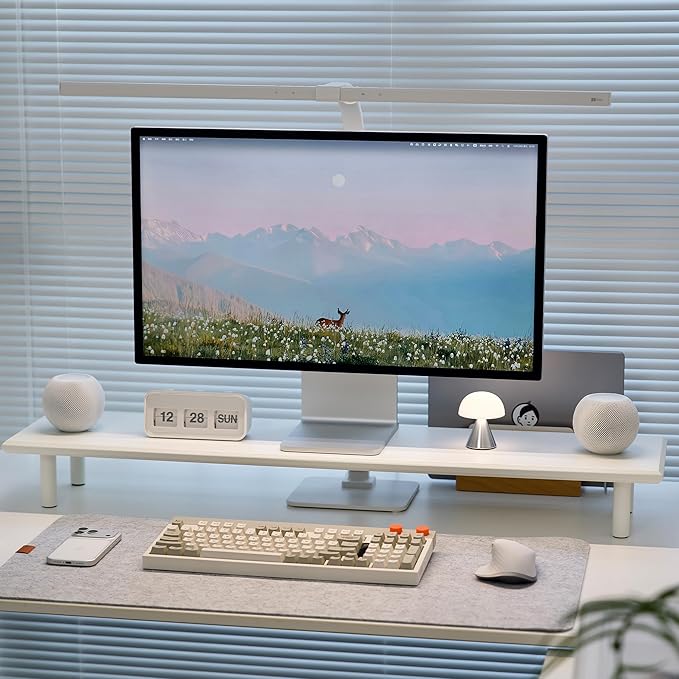 Bamboo Dual Monitor Stand Riser with Underneath Storage, Ergonomic Desk Shelf Supports PC Computer Monitor, Printer, TV for Home, Office, White