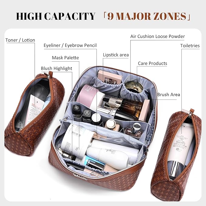 BOYATU Travel Makeup Bag for Women: Four Leaf Clover Large Capacity 3 Pcs Set Cosmetic Bags - Waterproof 50% Extra Space for Toiletry Organizer - Travel Essentials for Fortunate (10 Red Brown)