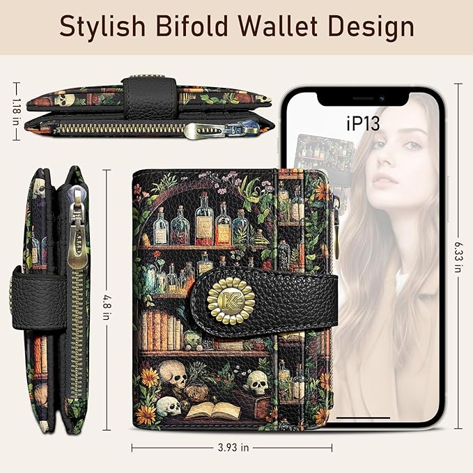 Kelvoris Bookshelves Skull Goth Gothic Small Rfid Women Wallet Bifold Zipper Coin Pocket PU Leather Compact Cash Credit Card Holder Travel Wallet Female Ladies Teen Girls 1 ID Window 10 Card Slots