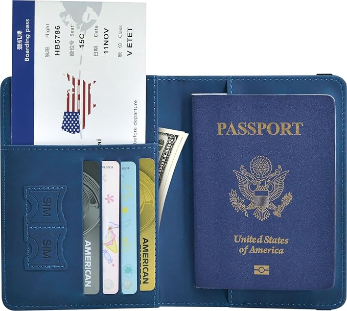 Passport Holder, Passport Cover with Credit Card Slot and Boarding Pass Slot Combo, Passport Wallet Case Book Travel Must Have, RFID Blocking Leather Travel Accessories, Navy Blue
