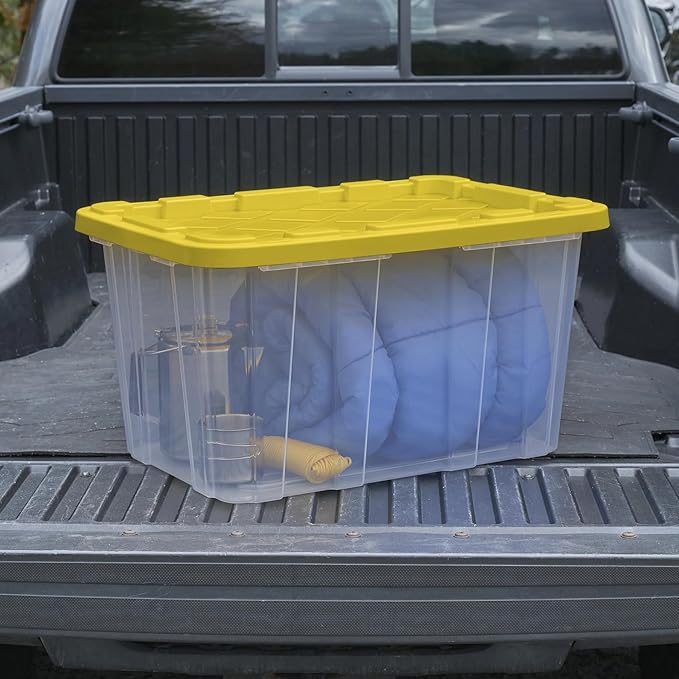 27 Gallon Plastic Storage Container with Snap-On Lid, Heavy-Duty Industrial Tote, Black and Yellow, 28.5x19.6x15.5 Inches, 6 Pack (4, Clear/Yellow)