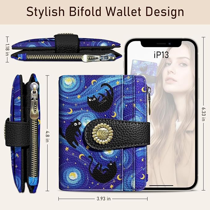 Kelvoris Black Cat Bohemian Vintage Small Rfid Women Wallet Bifold Zipper Coin Pocket PU Leather Compact Cash Credit Card Holder Travel Wallet for Female Ladies Teen Girls 1 ID Window 10 Card Slots