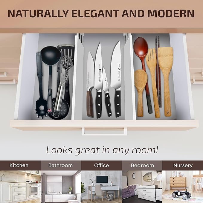6-Pack Drawer Dividers 4 Inch High, 11??17" Adjustable Bamboo Organizers Large Expandable Drawer Separators for Cloths, Dresser, Bedroom, Bathroom, Baby Drawer, Office & Kitchen Utensils (White)