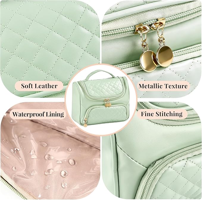 Greenfeather Cosmetic Bags for Women，Hanging Toiletry Bag with Makeup Brush Womens Travel Toiletry Bag for Women Essentials Travel Organizer for Full Sized Cosmetics and Toiletries Green