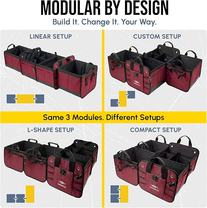 5-Section Trunk Organizer for SUV, Truck, Sedan, Van – Modular Extra Large Cargo Storage Bin, Detachable Car Trunk Organizer with Dividers, Collapsible Auto Organization System – Cherry Red